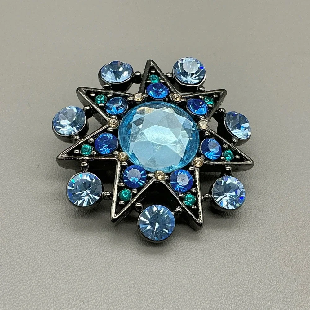 Liz Claiborne Brooch Womens Blue Starburst Rhinestone Gunmetal Fashion Jewelry